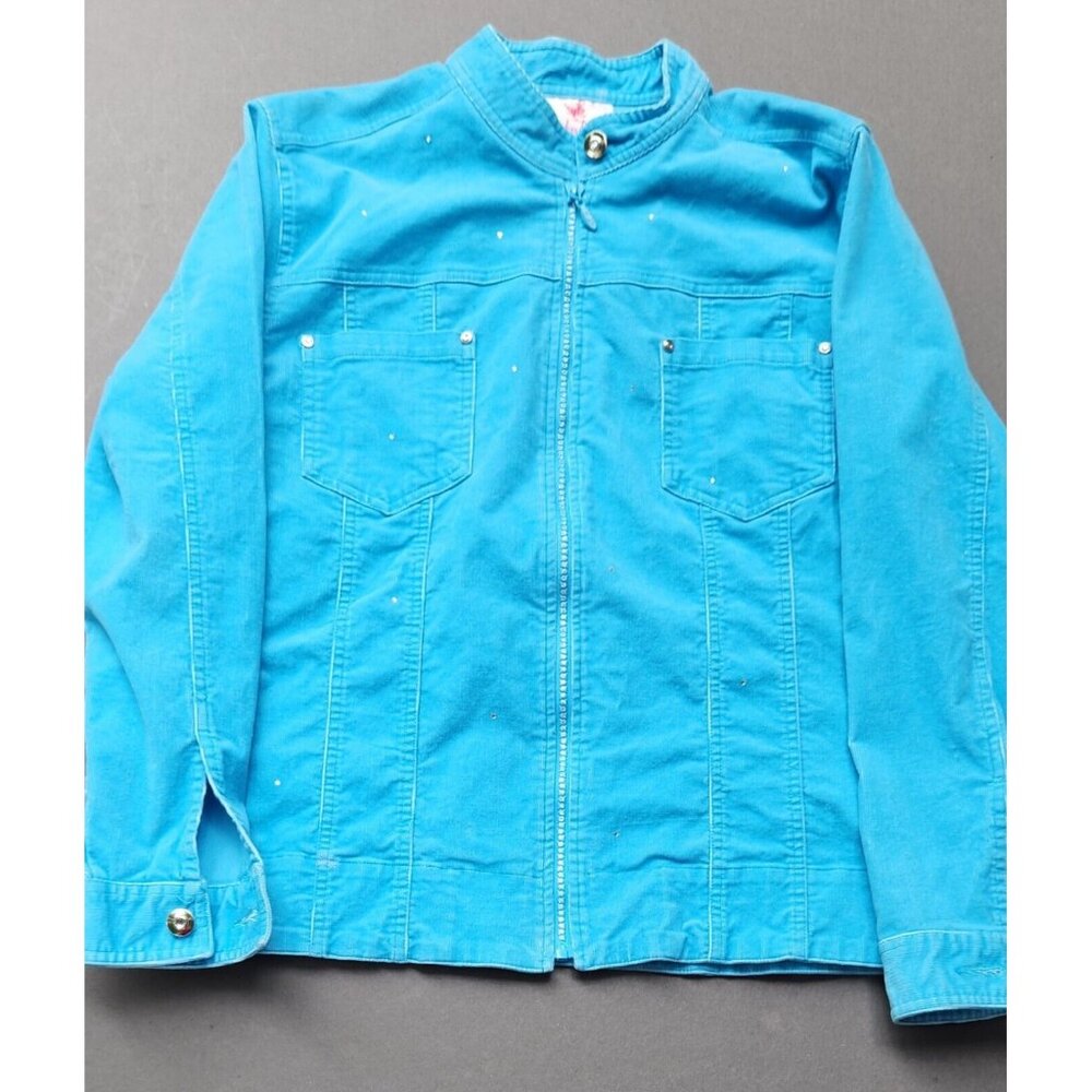 Quacker Factory Blue Corduroy Rhinestone Sequin Full Zip Long Sleeve Jacket M